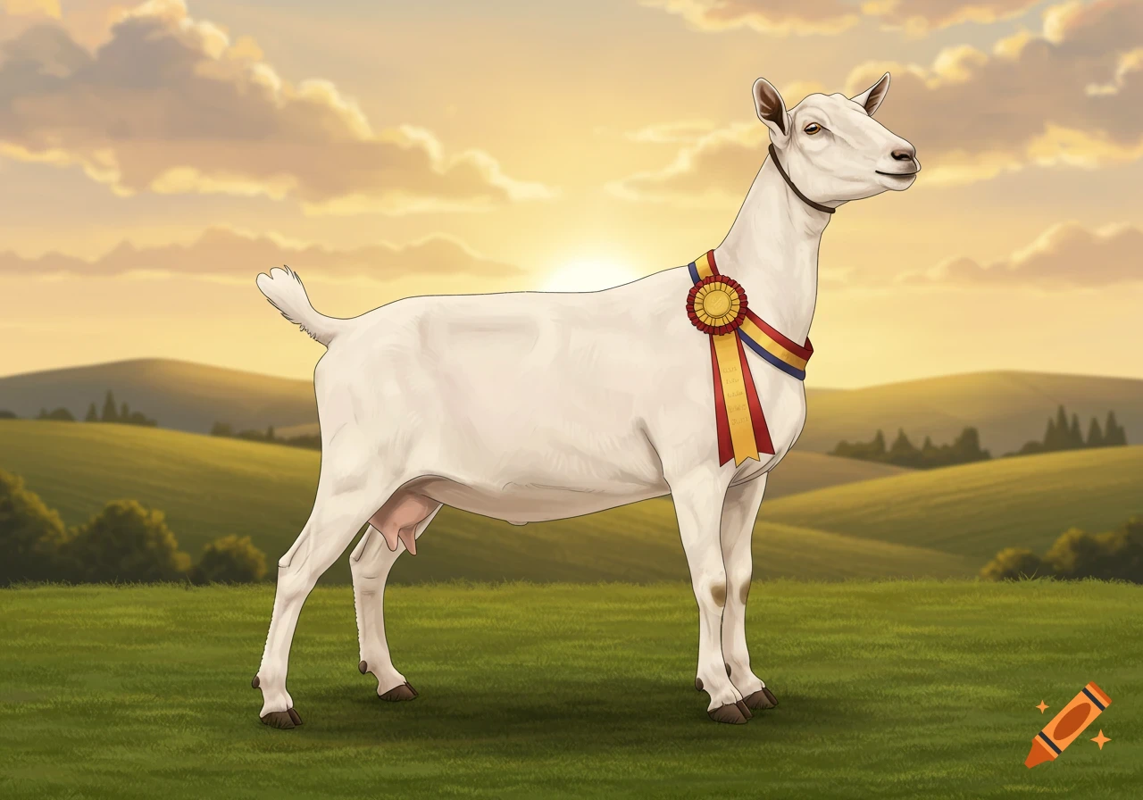 A proud white show goat wearing a red, yellow, and blue award ribbon stands in a green field at sunset.