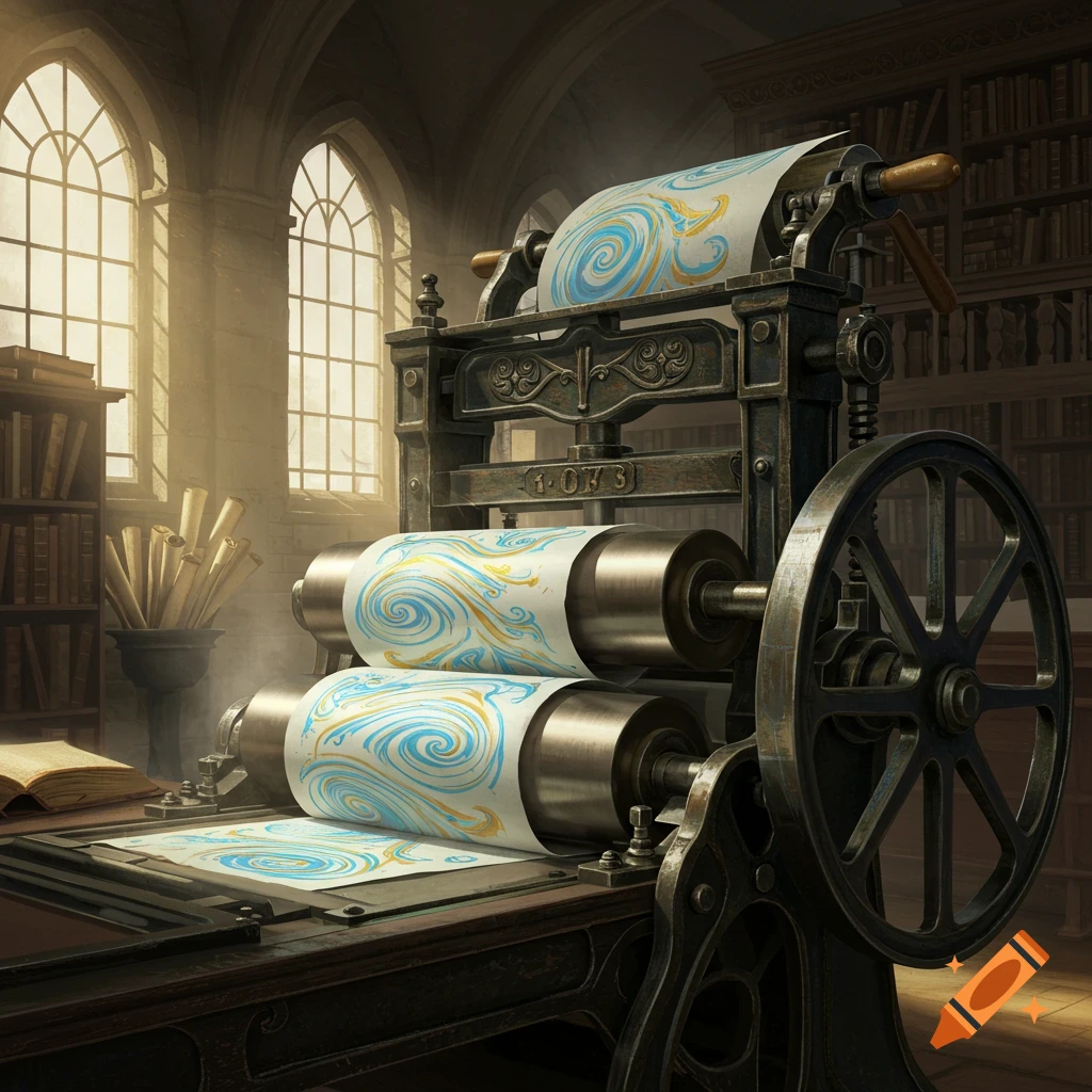An antique printing press with marbled paper being printed in a sunlit, arched-windowed library.