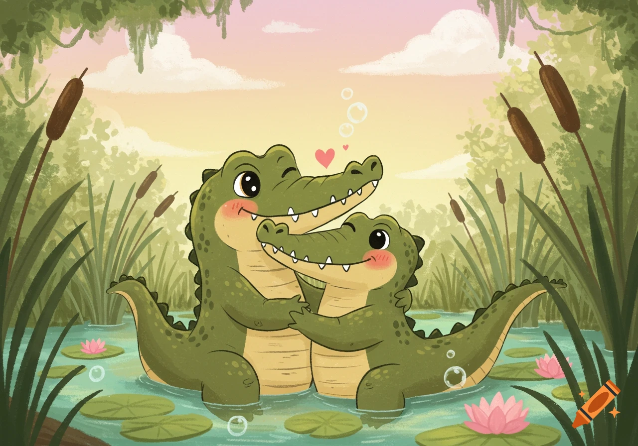Cute cartoon alligators hugging in a swamp with lily pads and cattails under a pastel sky.