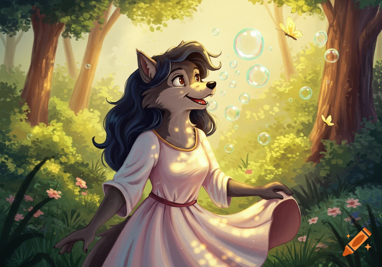 A cheerful Disney-style anthropomorphic wolf woman with dark hair blowing bubbles in a sunny forest.