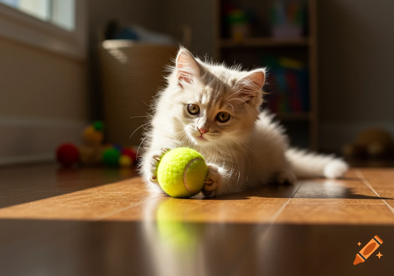 A fluffy light-colored kitten plays with a bright yellow tennis ball on a sunlit wooden floor.