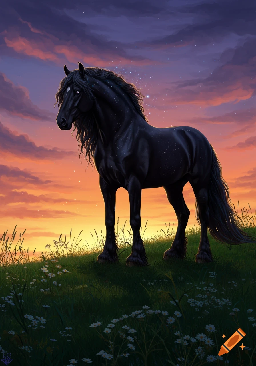 A majestic black horse with a starry mane stands in a grassy field with white flowers against a dramatic orange and purple sunset sky.
