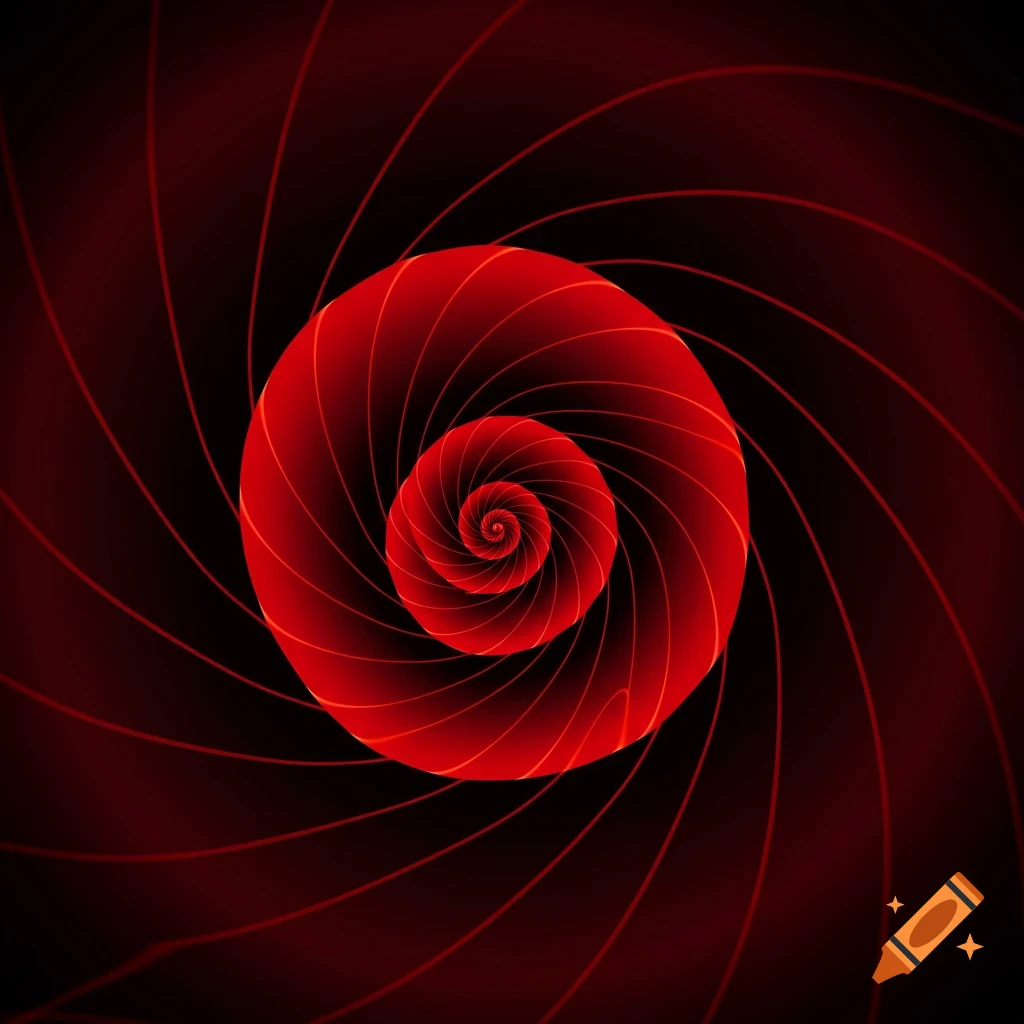 A red and black hypnotic spiral pattern.