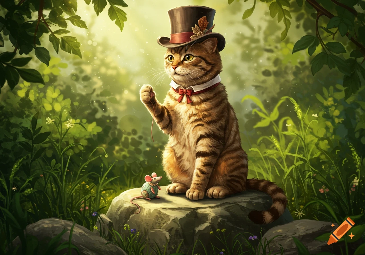 A charming tabby cat wearing a top hat and a red bow tie sits on a rock, holding a string above a tiny toy mouse in a lush forest.