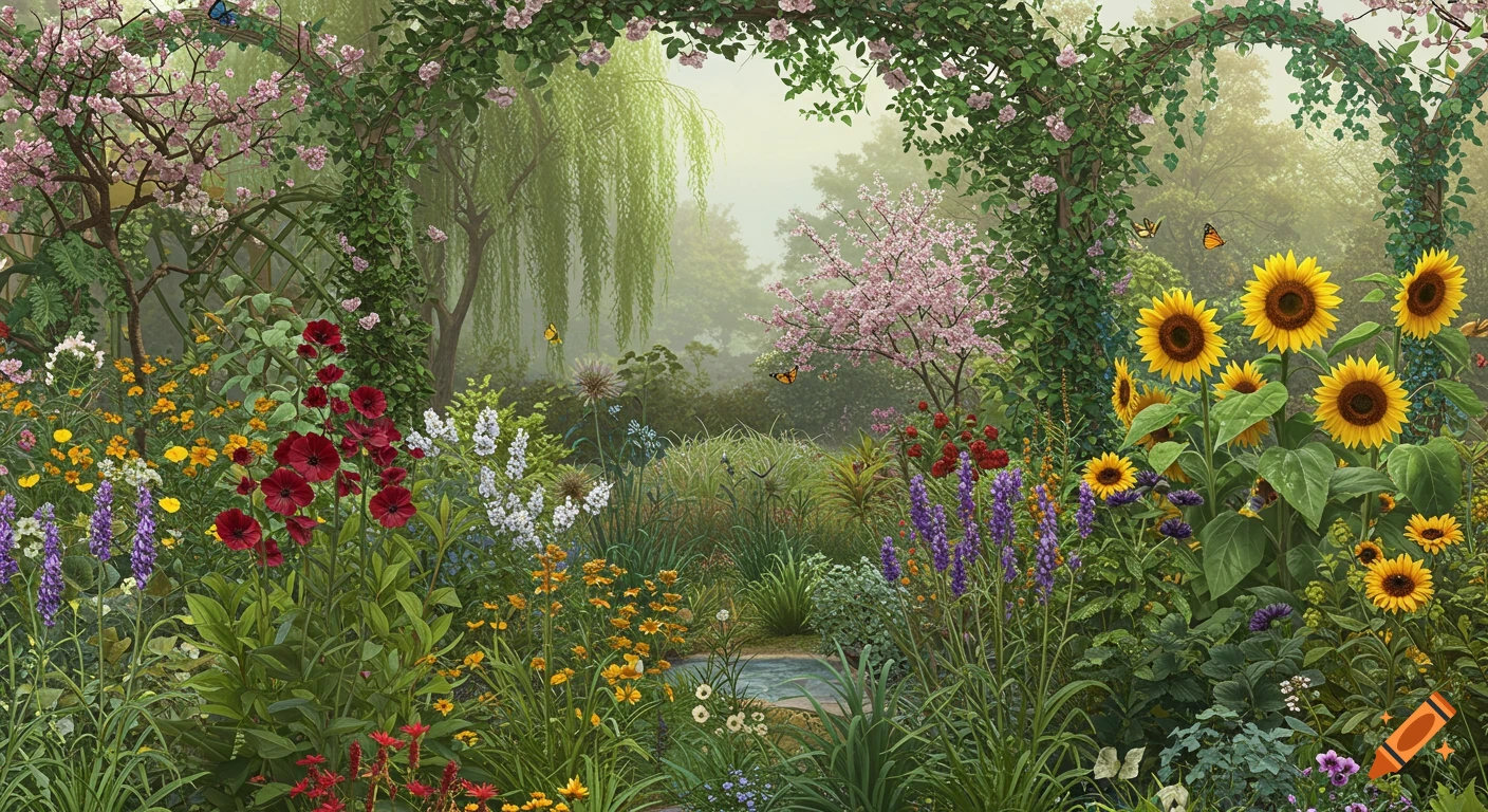 A lush, vibrant garden bursting with colorful flowers, green foliage, and butterflies, with a small pond and arched trellises.