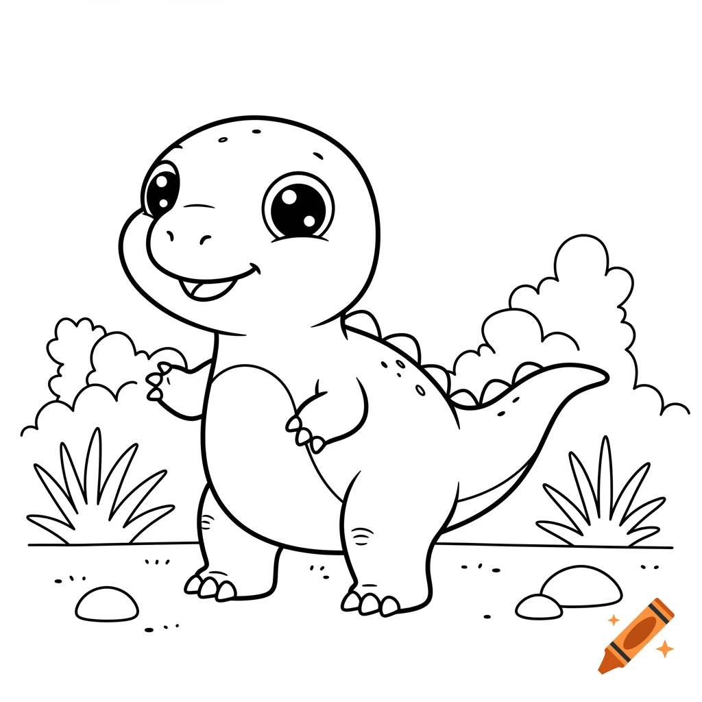Black and white line art of a cute baby dinosaur standing in a simple landscape, smiling, in a coloring page style.