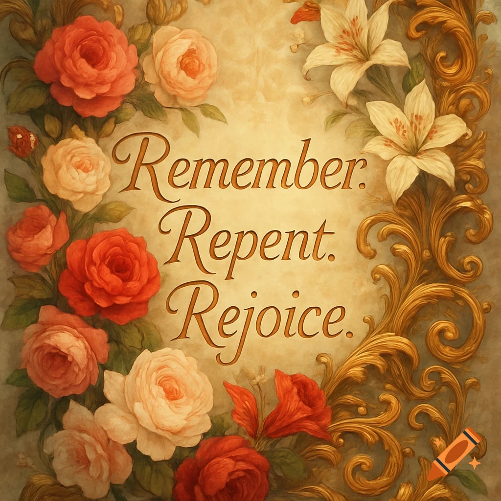 Ornate floral frame with red and peach roses, white lilies, and gold baroque scrollwork surrounding the text "Remember. Repent. Rejoice.".