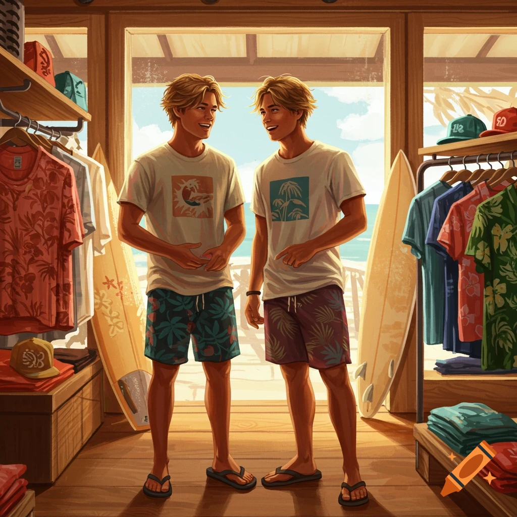 Two young men in a beachwear store, surrounded by clothes and surfboards, in an illustrative style.