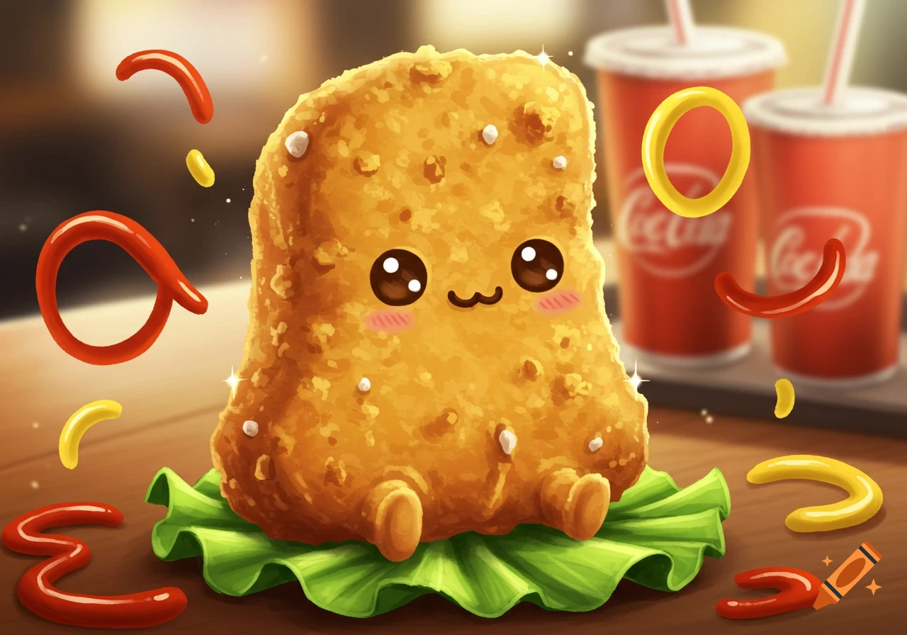 An adorable, smiling chicken nugget character on a lettuce leaf, surrounded by floating ketchup and mustard squiggles, with two blurry soda cups in the background. Cartoon style.