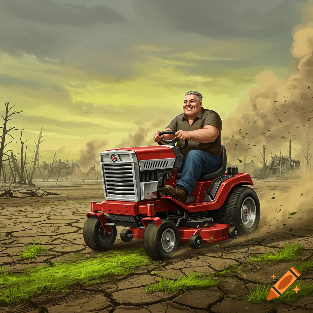 A smiling man rides a red lawnmower through a cracked, dry wasteland with dead trees and debris, in an illustrative style.