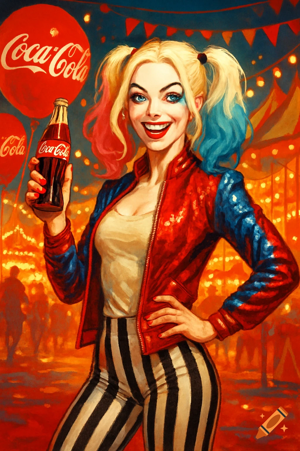 A smiling Harley Quinn in her iconic red and blue outfit holds a Coca-Cola bottle at a lively carnival, painterly style.