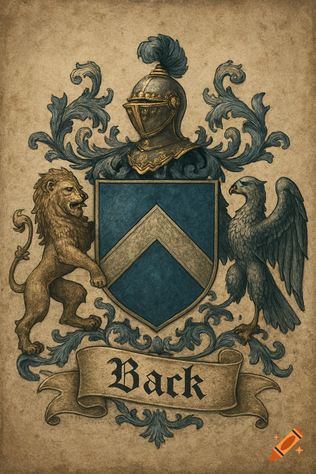 A medieval-style family crest with a central blue and silver shield, a knight's helmet, a lion, an eagle, and a banner with "Back" in Gothic font.