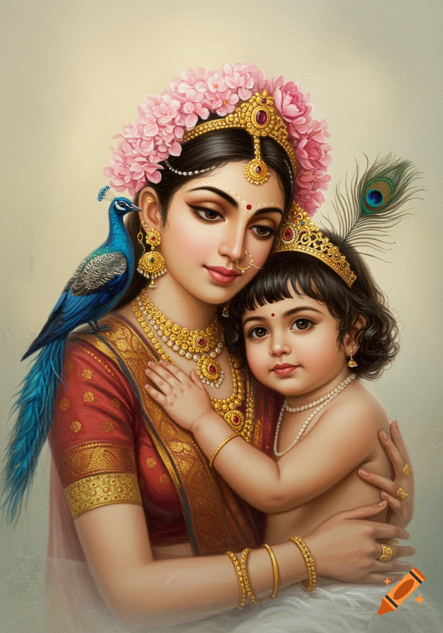 A pastel oil painting depicts a beautiful Indian woman holding a child. Both wear golden jewelry and crowns, with a peacock on the woman's shoulder and a peacock feather on the child's crown.