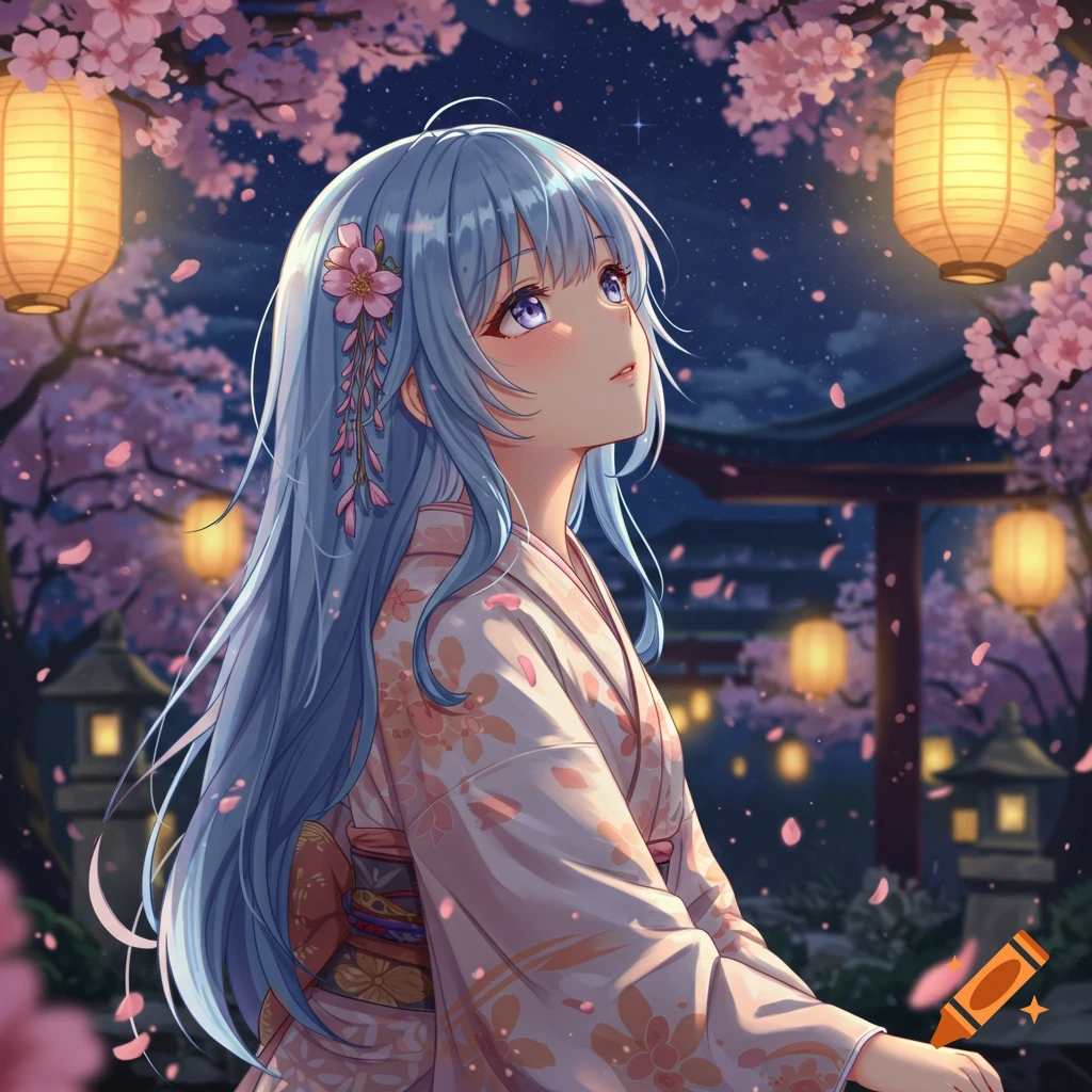 Anime girl with blue hair in a kimono, looking up amidst pink cherry blossoms and glowing lanterns at night.