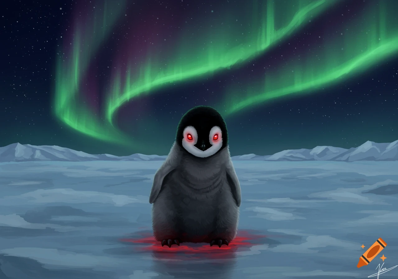 An illustration of a menacing baby penguin with glowing red eyes standing on ice with red liquid under a green aurora night sky.