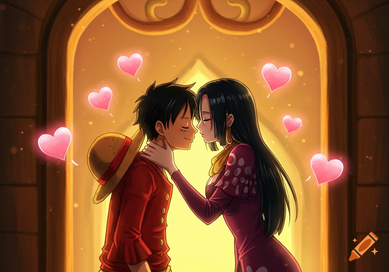 Anime characters Luffy and Hancock lean in for a kiss in a glowing doorway, surrounded by pink hearts.