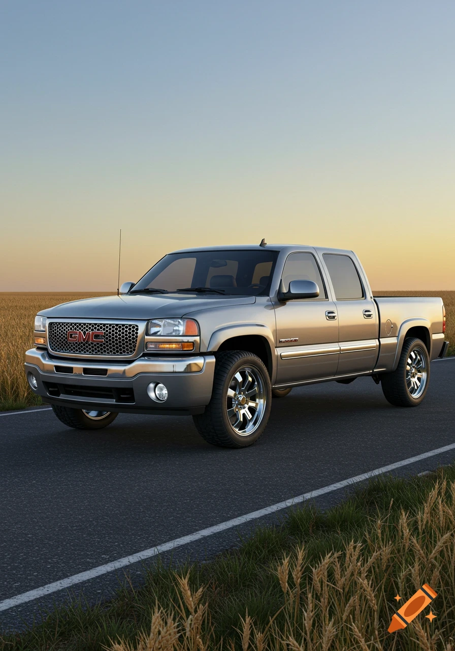 A silver GMC pickup truck is parked on an asphalt road next to a field of wheat under a sunset sky.