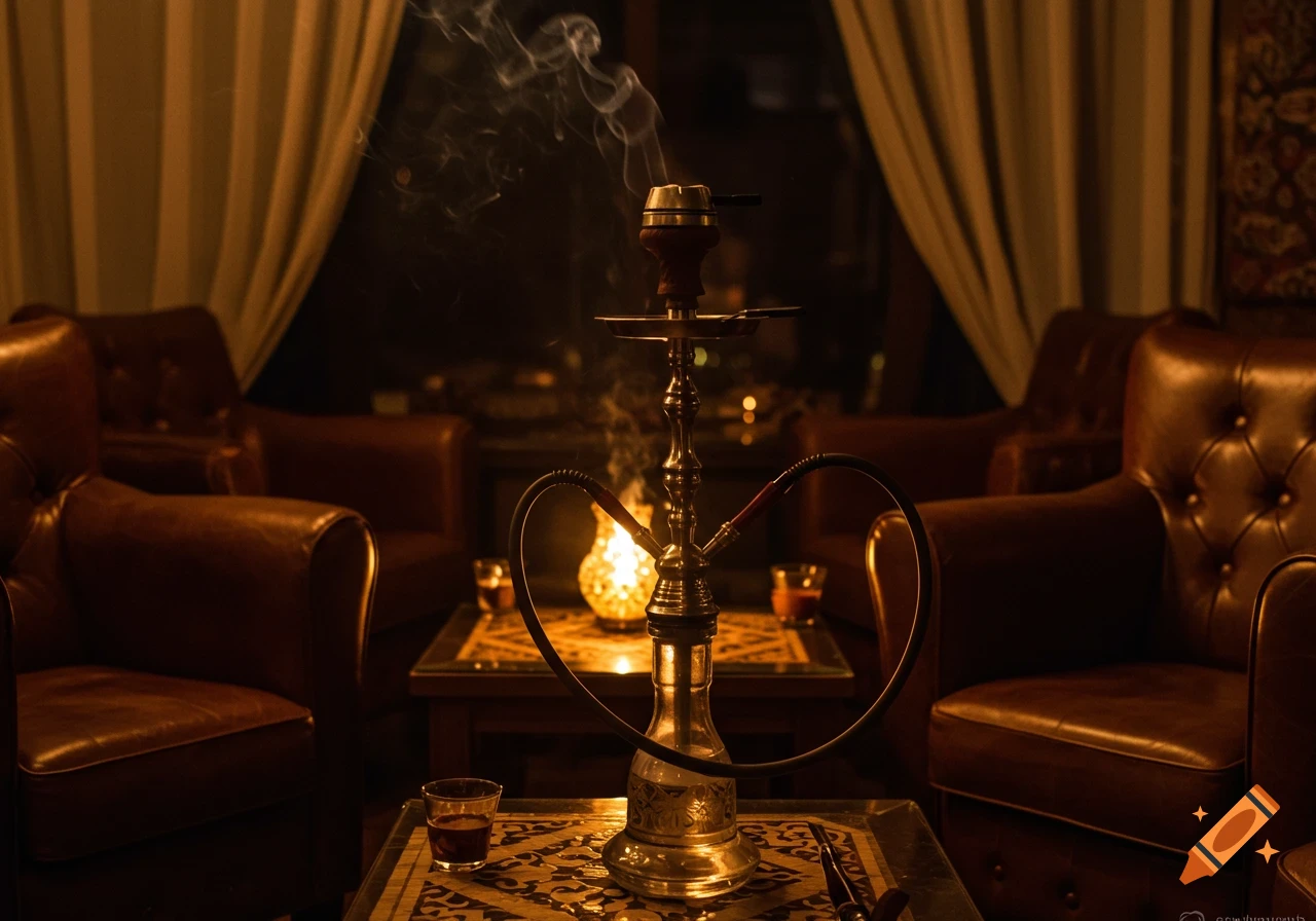 A glowing shisha with smoke rises from an ornate table in a dimly lit, luxurious lounge with leather armchairs.
