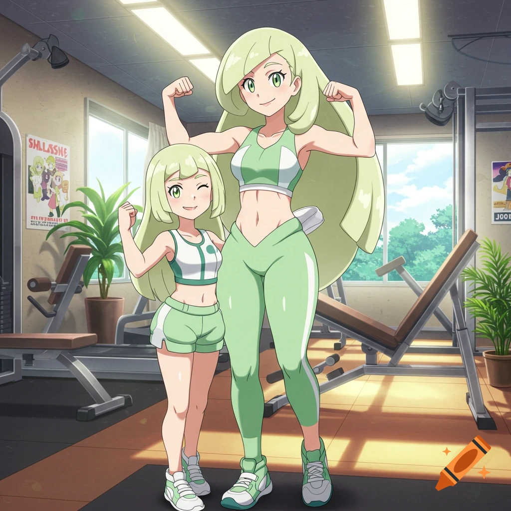 Anime characters Lillie and her mother from Pokémon flex their muscles in a gym, wearing green and white sportswear.
