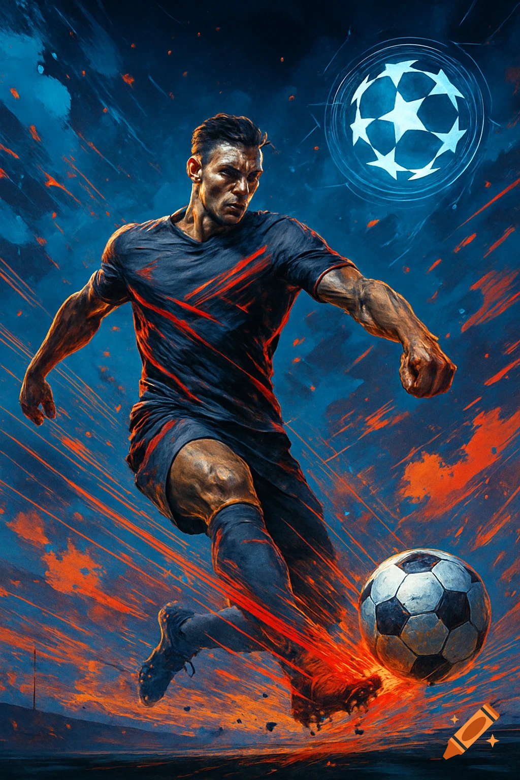 Dynamic digital art of a male soccer player in a blue uniform kicking a football, surrounded by blue and orange energy.