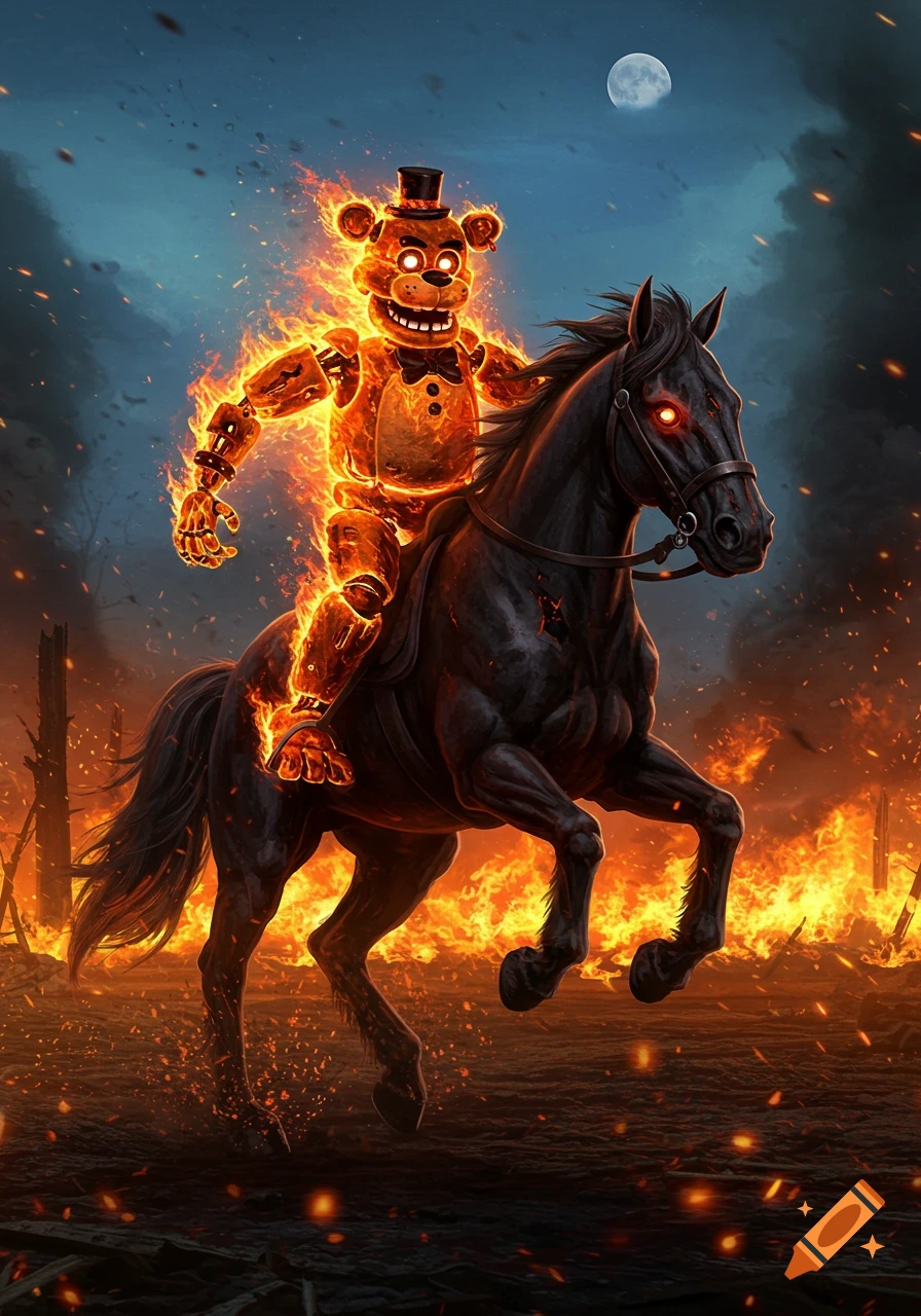 A fiery Freddy Fazbear animatronic rides a dark horse with glowing eyes through a burning landscape under a full moon.