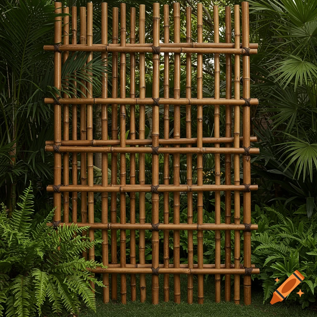 A photorealistic image of a lashed bamboo privacy screen standing in a lush green garden, surrounded by ferns and tropical foliage.