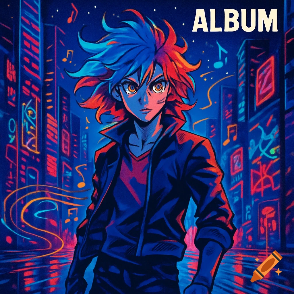 Anime character with blue and red hair in a black jacket stands in a neon-lit cityscape with musical notes. Text 'ALBUM'.