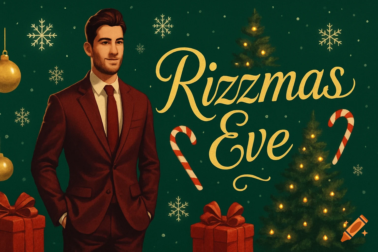 Festive illustration of a man in a red suit, with Christmas trees, snowflakes, candy canes, gifts, and 'Rizzmas Eve' text.
