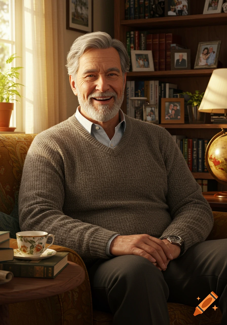 A smiling, grey-haired older man with a beard sits in an armchair in a cozy, sunlit room with a bookshelf.
