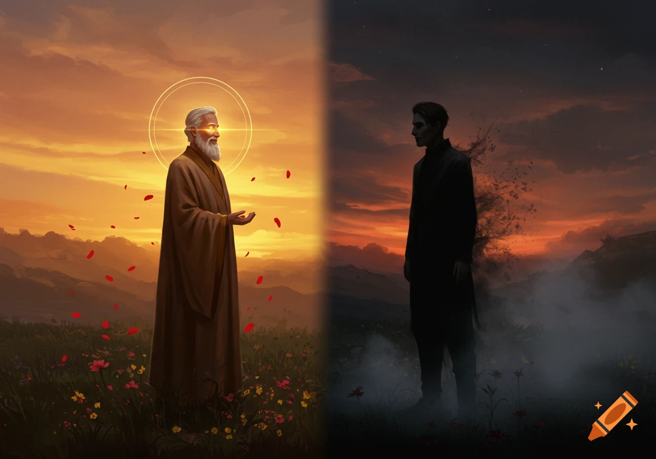 Digital painting. A split image showing a glowing wise man in a bright, flowery field on one side and a dark, dissolving figure in a gloomy landscape on the other.
