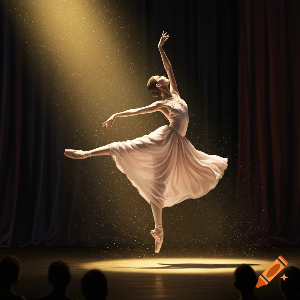 A graceful ballerina in a light dress dances en pointe under a golden spotlight on a dark stage.