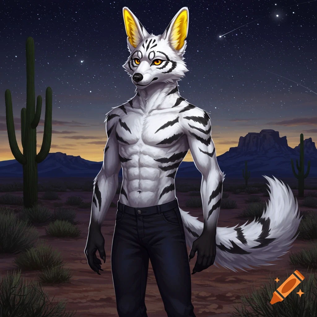 A white and black striped anthropomorphic coyote with yellow ears stands in a desert at night, under a starry sky with cacti and mountains. He wears blue jeans.