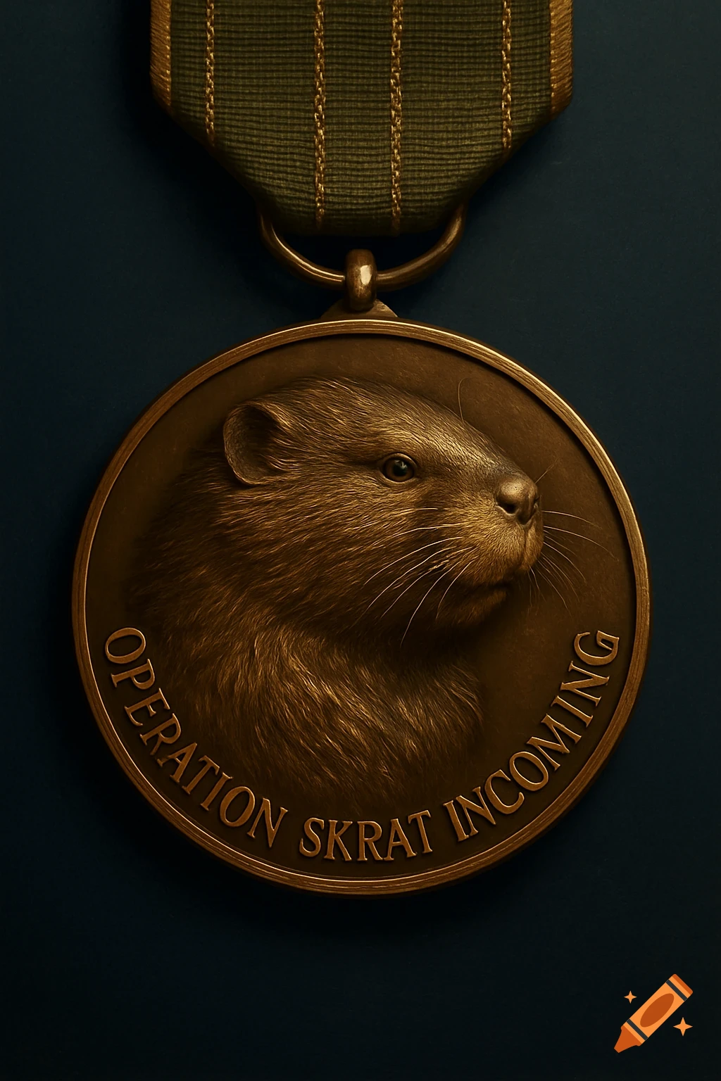 A photorealistic bronze military campaign medal featuring a beaver or muskrat relief and the text 'OPERATION SKRAT INCOMING', suspended from a green and gold ribbon against a dark background.