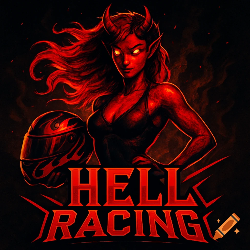 Fiery digital art of a red demon girl with horns, glowing eyes, and a racing helmet, above the 'HELL RACING' logo.