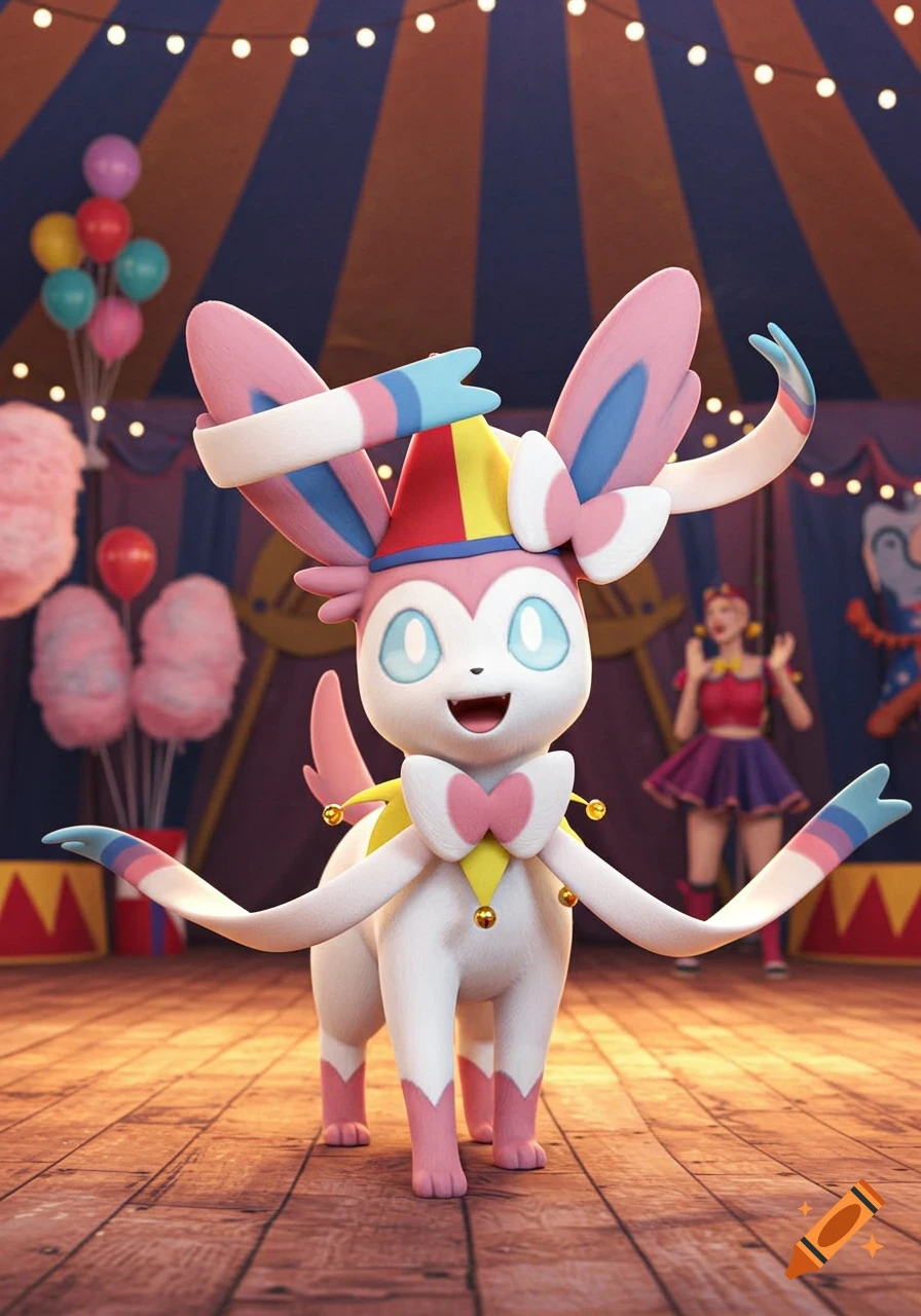 A cute Sylveon Pokémon wearing a jester's cap and ruffled collar stands on a wooden stage in a vibrant circus tent.