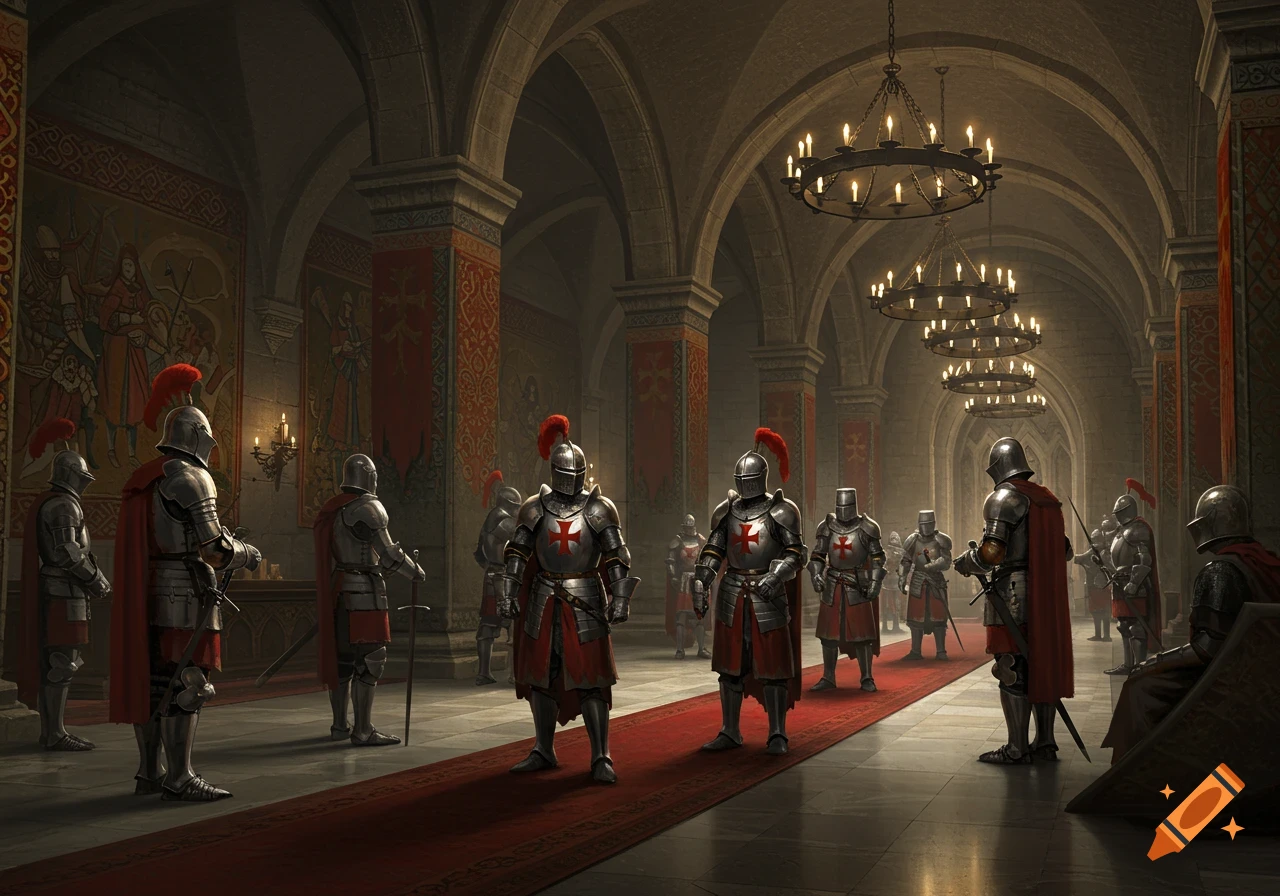 Knights in shining armor with red cloaks and feathered helmets stand in a grand castle hall with chandeliers and tapestries.
