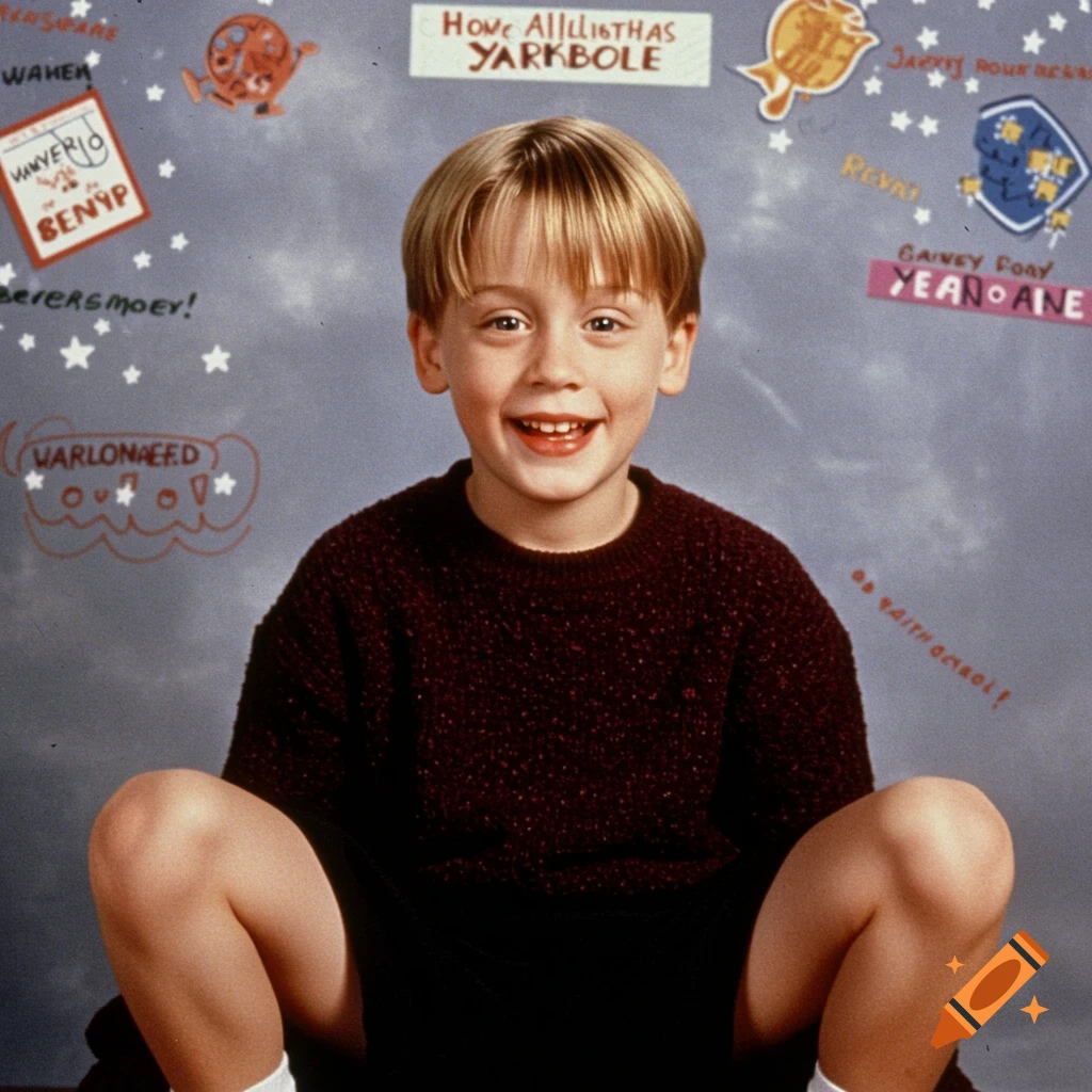 A smiling young boy with blond hair, wearing a red sweater and black shorts, against a gray background with cutout decorations.