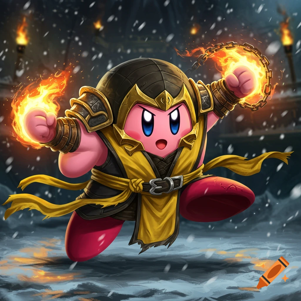 Kirby in a yellow and black Scorpion costume with fire in his fists, floating in a snowy, torch-lit arena.