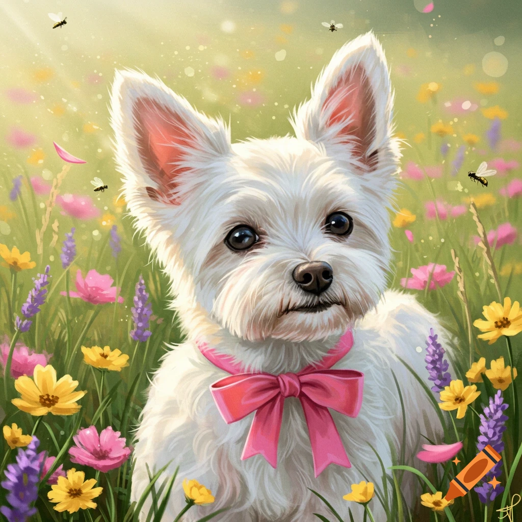 A cute white dog with a pink bow sits in a field of colorful flowers with bees flying around.