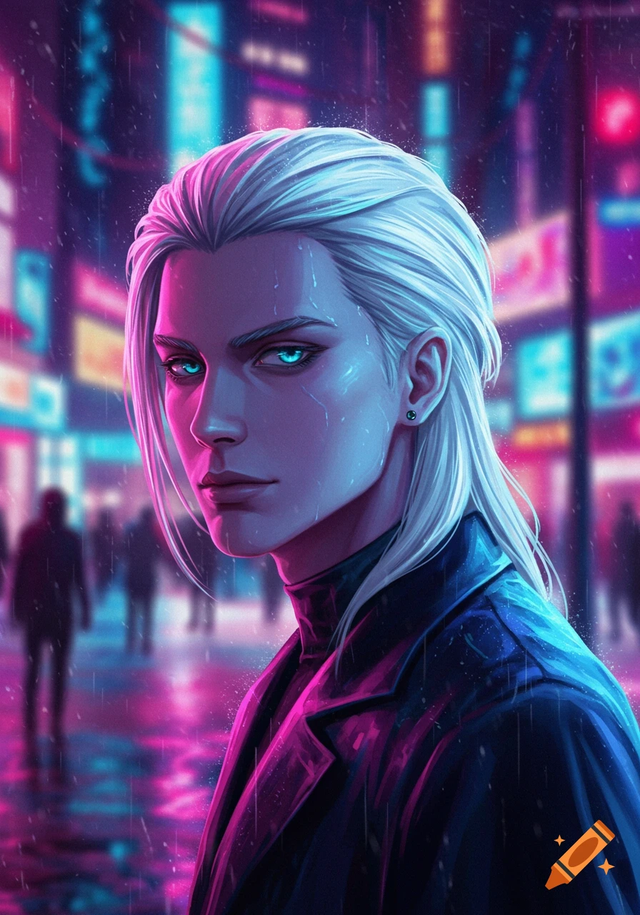 Anime-style portrait of a white-haired man with glowing blue eyes in a dark coat, standing in a rainy, neon-lit cyberpunk city.