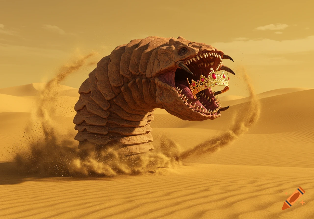 A monstrous, photorealistic sandworm emerges from a desert dune, its fanged mouth engulfing a golden crown.
