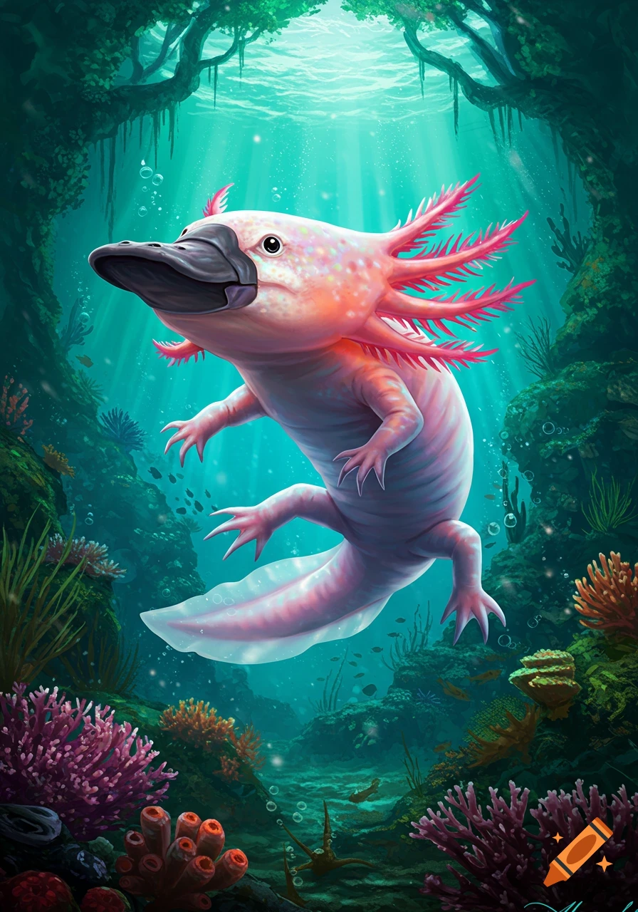 A vibrant, pink axolotl-platypus hybrid creature swims underwater amidst colorful corals and plants, with light filtering from above.