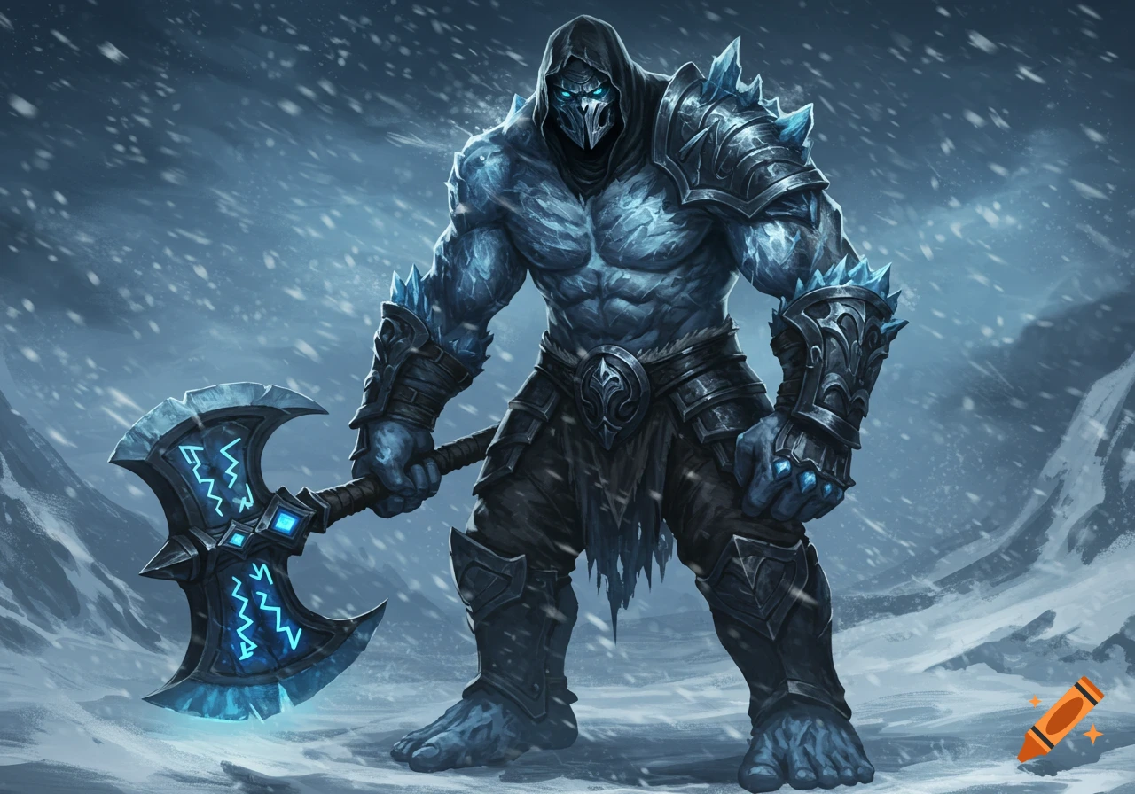 A hulking, muscular ice giant warrior with glowing blue skin and eyes, wearing dark armor and holding a large axe with glowing runes, stands in a snowy landscape.