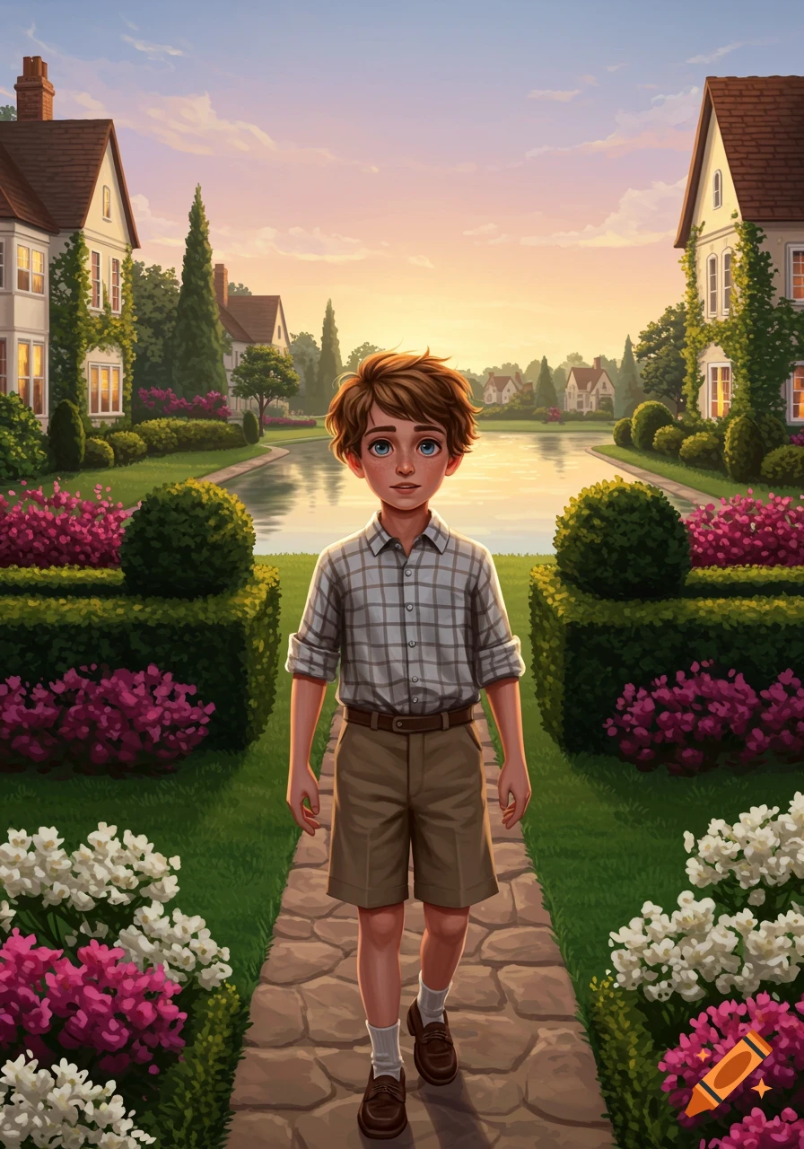 An illustration of a young boy walking on a stone path in a beautiful, manicured suburban neighborhood at sunset.