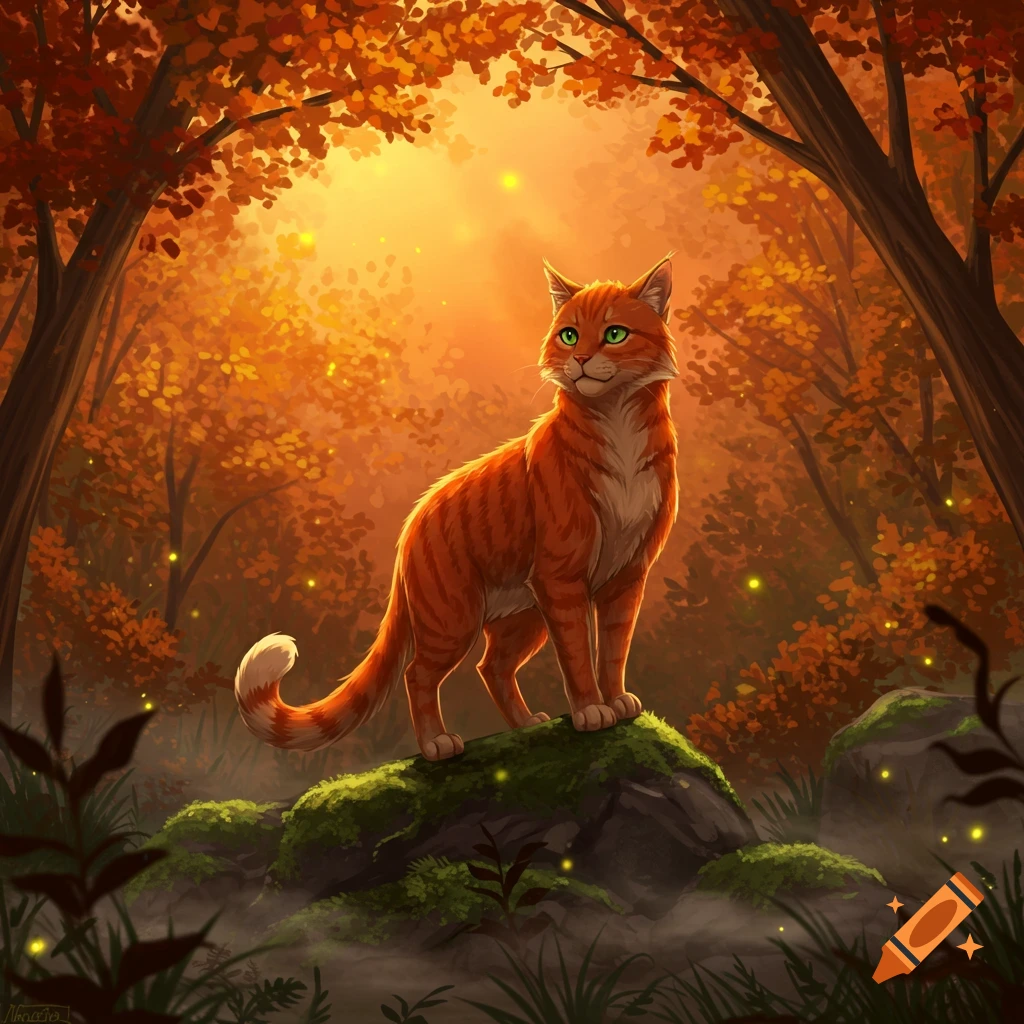 An orange tabby cat with green eyes stands on a mossy rock in a vibrant, glowing autumnal forest.