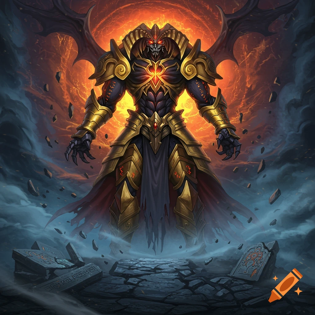 A powerful, armored demonic figure with red eyes and wings stands before a fiery vortex, surrounded by crumbling stones in a dark fantasy art style.