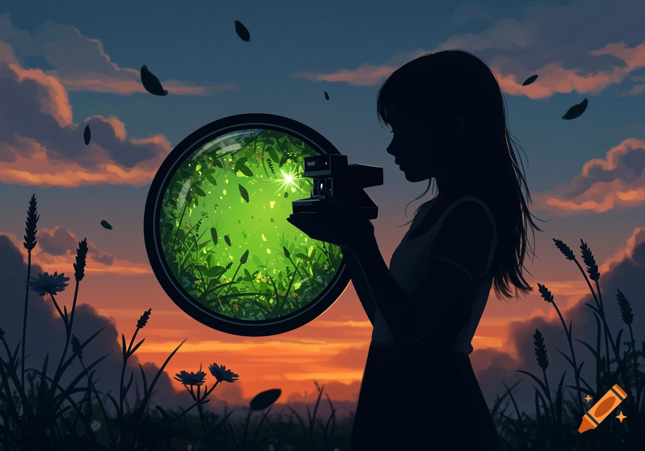 Silhouette of a girl holding a camera, with the lens reflecting a vibrant green scape, against a sunset sky in an anime art style.