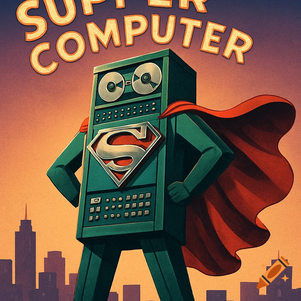 A retro 1950s mainframe computer hero in a red cape and 'S' shield stands before a city skyline with 'SUPER COMPUTER' text.