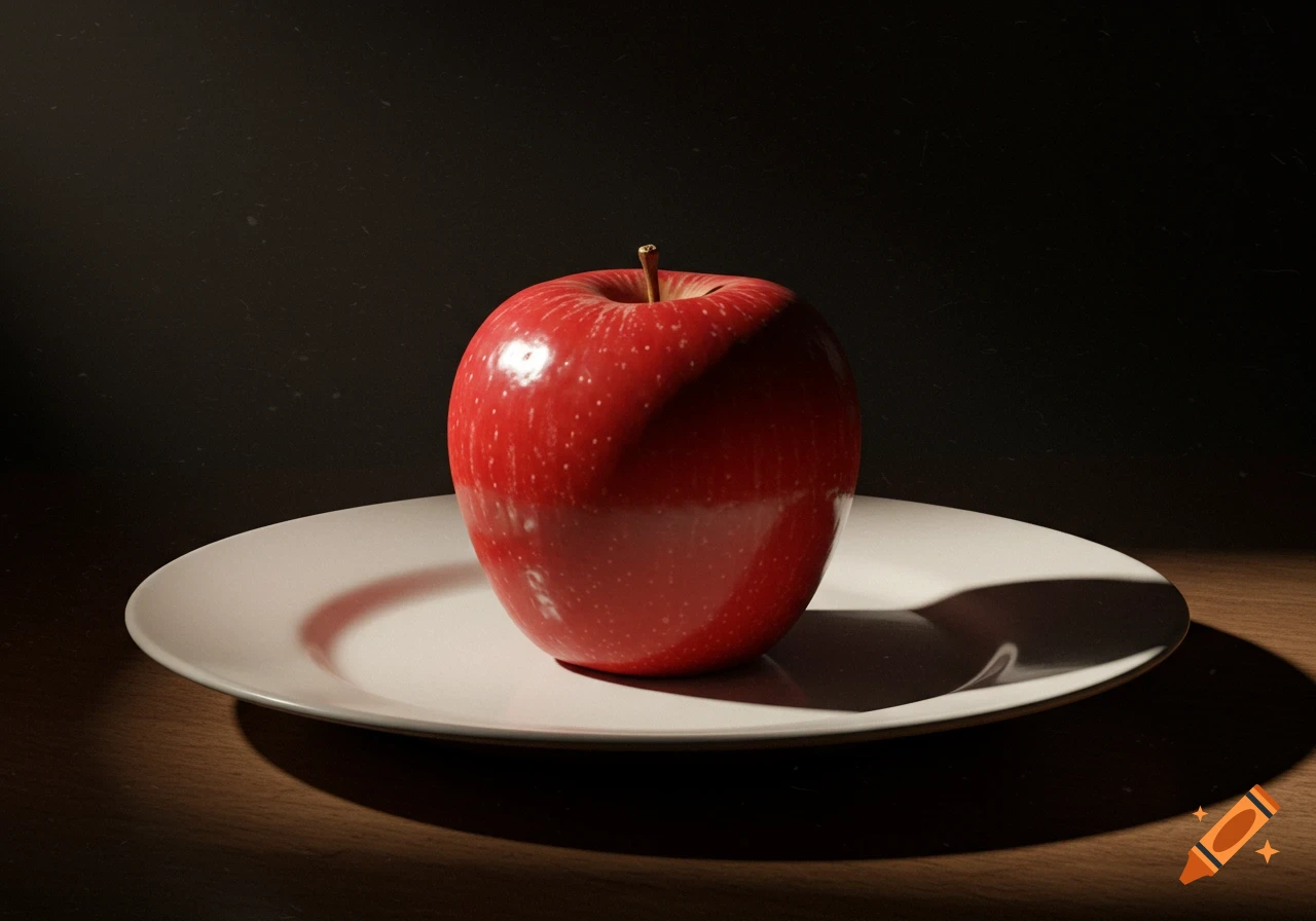 A photorealistic red apple sits on a white plate, dramatically lit against a dark background.