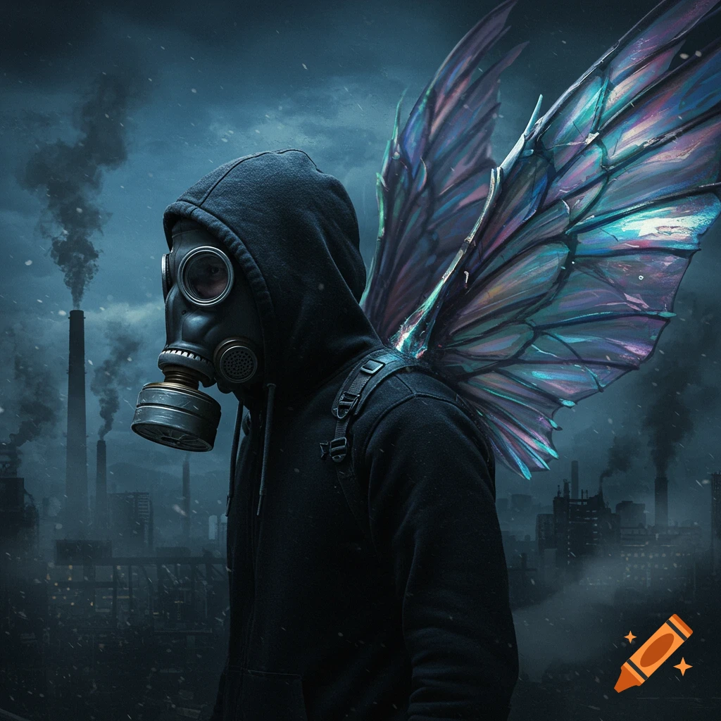 A person in a gas mask and black hoodie with iridescent butterfly wings stands in a dark, snowy, industrial city. Photorealistic.